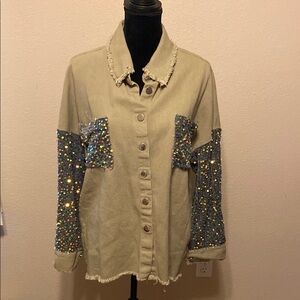 Chic Beige Jacket with Glittering Sleeves